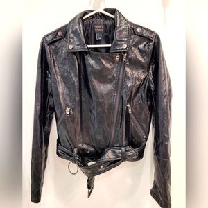 Forever 21 80s Black Faux Patent Bomber Jacket